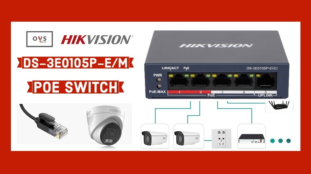 Switch HIKVISION DS-3E0516P-O 8 porte Gigabit PoE 802.3af/at, budget potenza 110W