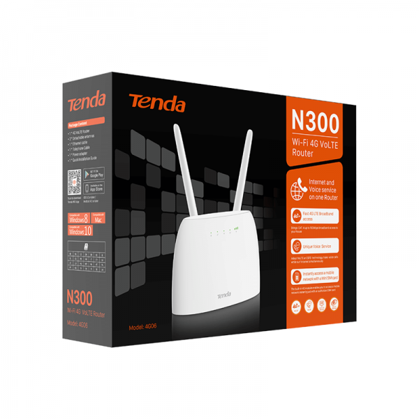ROUTER TENDA 4G06 300Mbps Wireless N300 4G LTE VOLTE CAT.4 Supp FDD LTE/TDD-LTE/WCDMA/GSM 1P GE WAN/LAN,1P GE LAN 2FF SIM 1P RJ1