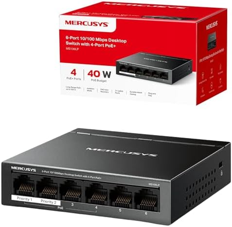 SWITCH MERCUSYS MS106LP 6P LAN 10/100Mbps con 4P PoE+ compatibile con  802.3af/at PDs, 40 W PoE Power