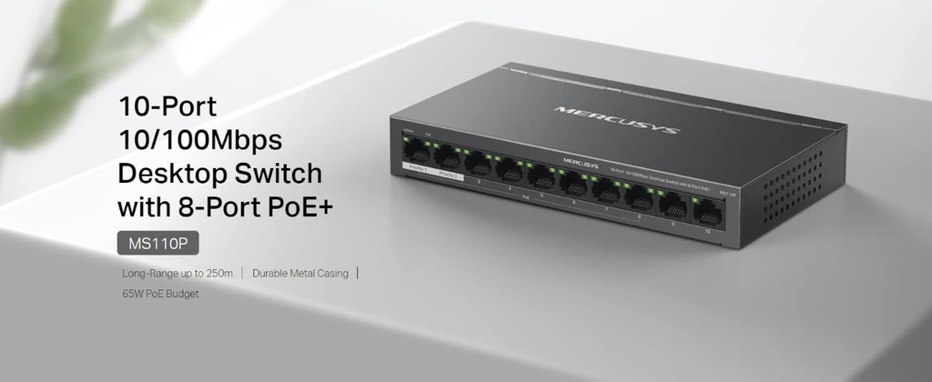 SWITCH MERCUSYS MS110P 10P 10/100 LAN con 8P PoE+ compatibile con 802.3af/at PDs, 65 W PoE Power