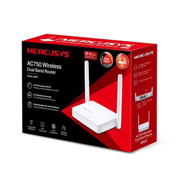 ROUTER MERCUSYS MR20 AC750 Dual Band Wi-Fi Router, 300 Mbps 2.4 GHz+8433Mbps a 5 GHz, 2ANT FISSE ESTERNE, 2P LAN 1P WAN