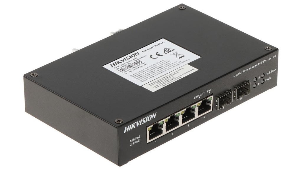 SWITCH HIKVISION L2, Unmanaged, 4 10/100M RJ45 PoE ports, 2 10/100M RJ45 uplink ports, 802.3af/at/bt, port 1 support Hi-PoE 60w