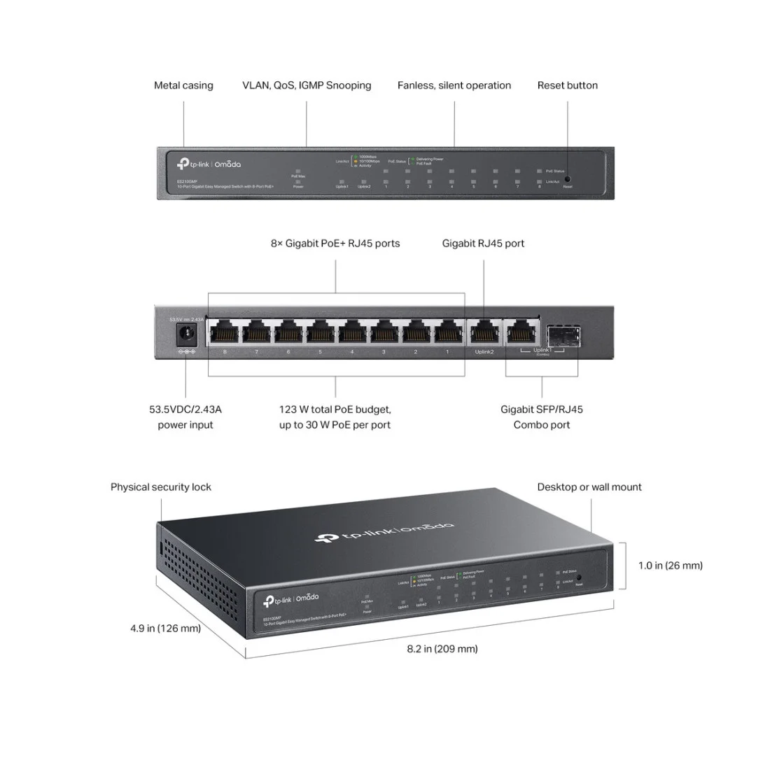 [COM-59466] SWITCH TP-LINK OMADA ES210GMP 10P LAN GIGABIT DESKTOP 10/100/1000Mbps RJ45 Desktop Easy Managed Switch 8P GIGABIT POE