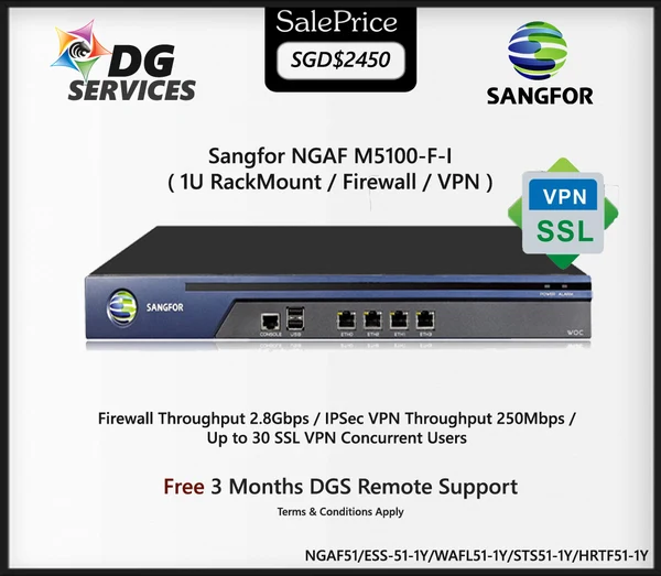 [COM-GS0003] FIREWALL SANGFOR M5100-F-I, hardware, SSL VPN for 30 users, Site-to-site IPsec VPN with 10 IPsec ..Rack 1U - RICHIEDI PREZZO BID