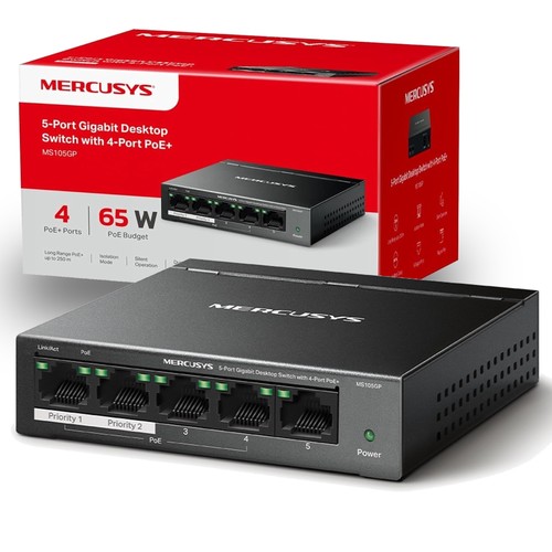 [COM-59454] SWITCH MERCUSYS MS105GP 5P LAN GIGABIT con 4P GIGABIT PoE+ compatibile con 802.3af/at PDs, 65 W PoE Power