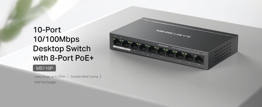 [COM-59455] SWITCH MERCUSYS MS110P 10P 10/100 LAN con 8P PoE+ compatibile con 802.3af/at PDs, 65 W PoE Power