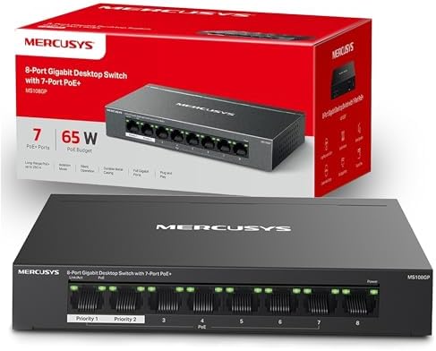 [COM-59456] SWITCH MERCUSYS MS108GP 8P LAN GIGABIT con 7P GIGABIT PoE+ compatibile con 802.3af/at PDs, 65 W PoE Power